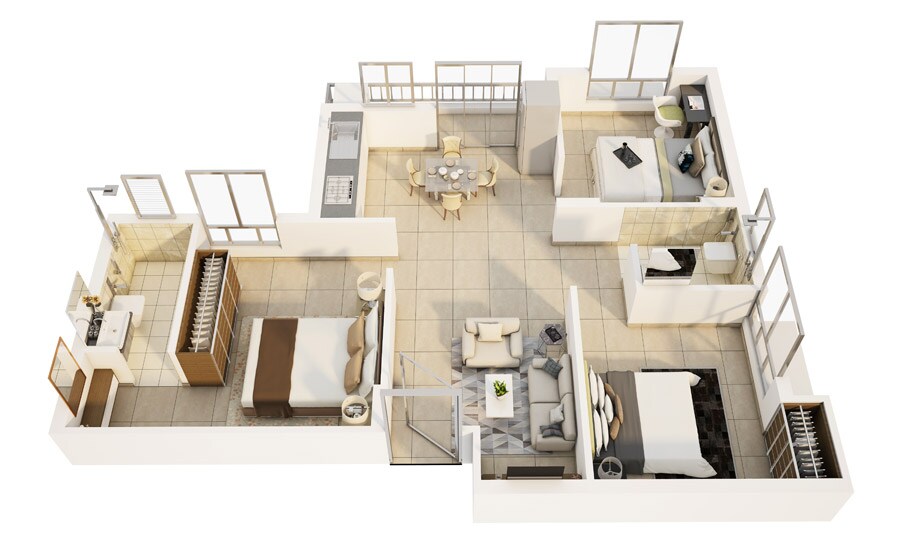 Floor plan of 3 BHK 939 Sq. Ft. Apartment in Gems City, Kolkata