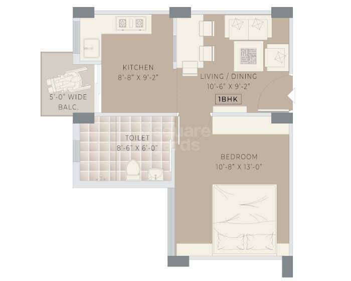 Floor plan of 1 BHK 626 Sq. Ft. Apartment in Gems Senior Estate, Kolkata