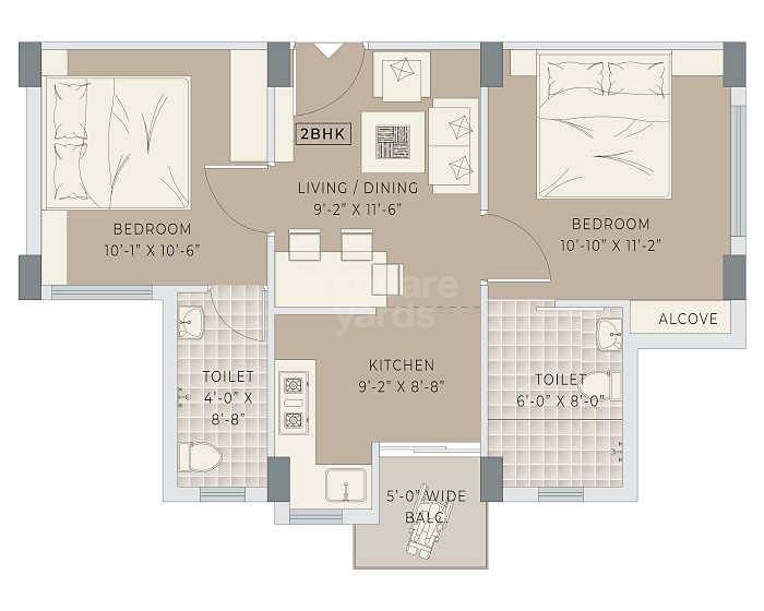 Floor plan of 2 BHK 860 Sq. Ft. Apartment in Gems Senior Estate, Kolkata