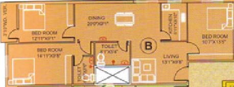 Floor plan of 3 BHK Apartment - 930 sq. ft. in GM Meena Elegant, Kolkata