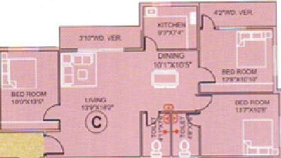 Floor plan of 3 BHK Apartment - 872 sq. ft. in GM Meena Elegant, Kolkata