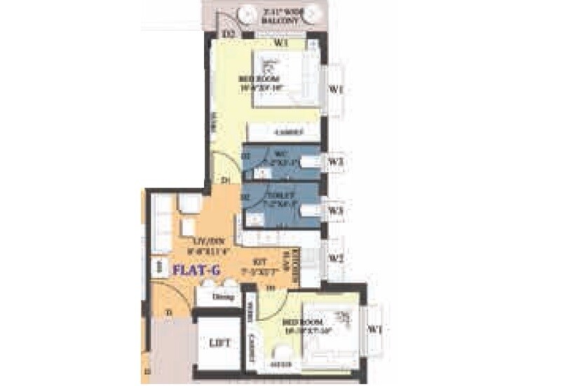 Floor plan of 2 BHK 689 Sq. Ft. Apartment in GM Meena Flora, Kolkata