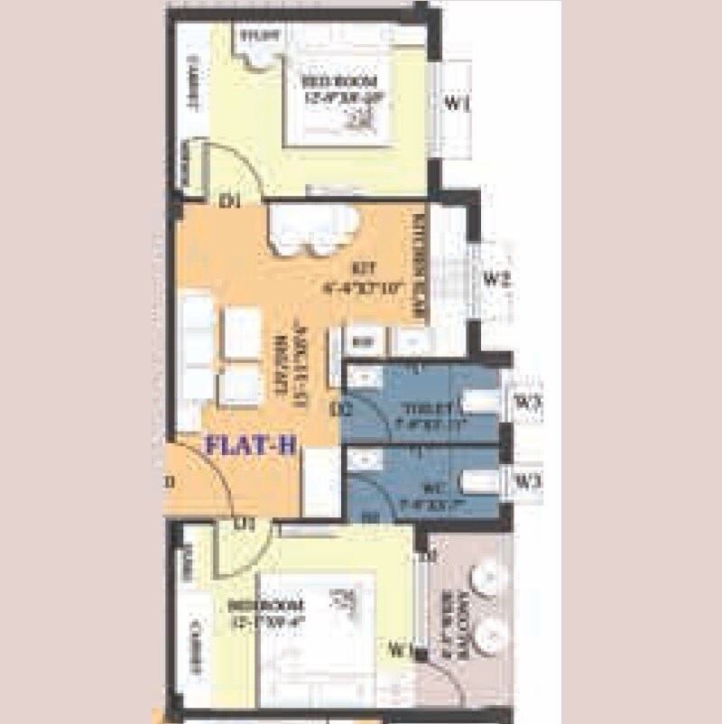 Floor plan of 2 BHK 795 Sq. Ft. Apartment in GM Meena Flora, Kolkata