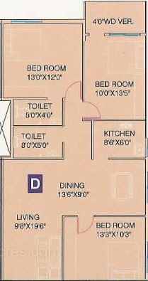 Floor plan of 3 BHK 1349 Sq. Ft. Apartment in GM Meena Florence, Kolkata