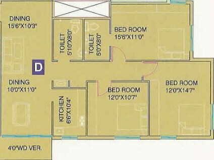 Floor plan of 3 BHK 1464 Sq. Ft. Apartment in GM Meena Florence, Kolkata