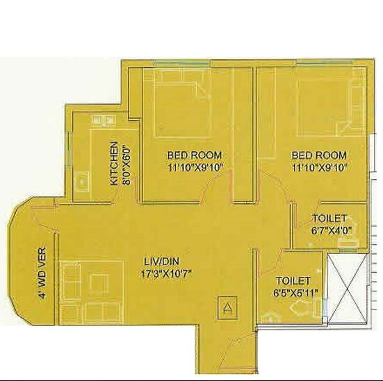 Floor plan of 2 BHK 910 Sq. Ft. Apartment in GM Meena Garden, Kolkata