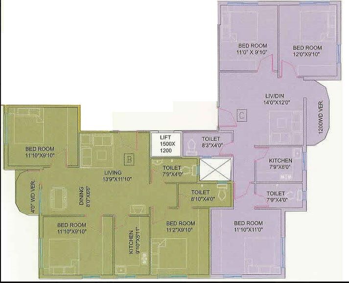 Floor plan of 3 BHK 1149 Sq. Ft. Apartment in GM Meena Garden, Kolkata