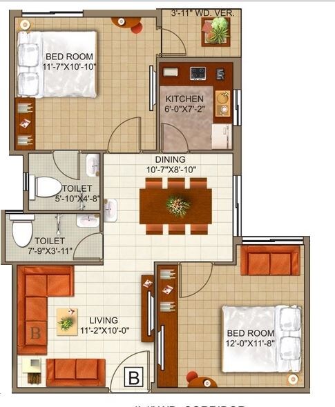 Floor plan of 2 BHK 928 Sq. Ft. Apartment in GM Meena Genesis, Kolkata