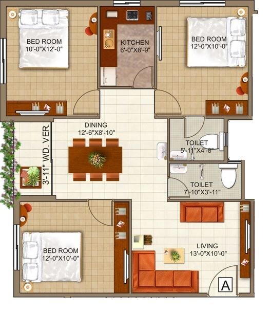 Floor plan of 3 BHK 1432 Sq. Ft. Apartment in GM Meena Genesis, Kolkata