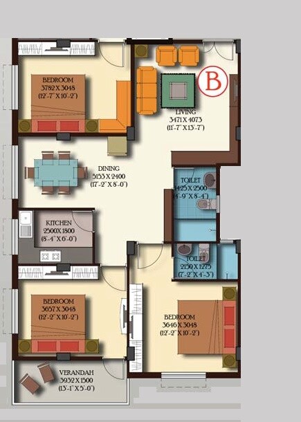 Floor plan of 2 BHK 1080 Sq. Ft. Apartment in GM Meena Glory, Kolkata