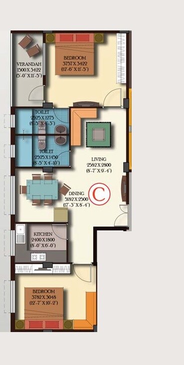 Floor plan of 2 BHK 985 Sq. Ft. Apartment in GM Meena Glory, Kolkata