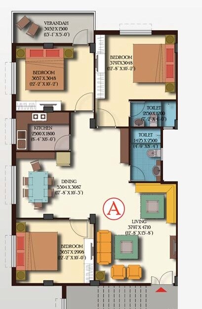 Floor plan of 3 BHK 1335 Sq. Ft. Apartment in GM Meena Glory, Kolkata