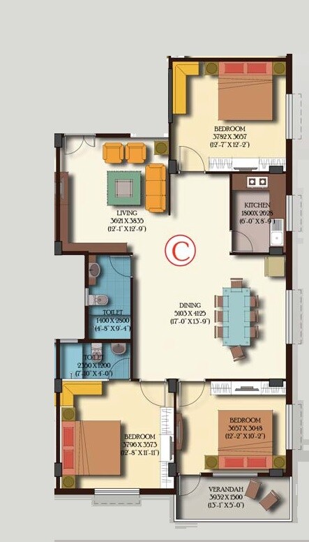 Floor plan of 3 BHK 1470 Sq. Ft. Apartment in GM Meena Glory, Kolkata