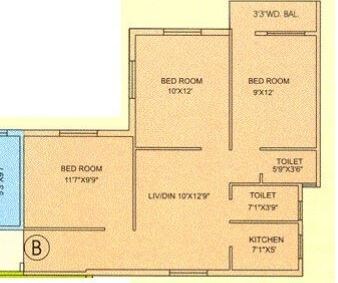 Floor plan of 3 BHK 974 Sq. Ft. Apartment in GM Meena Green, Kolkata