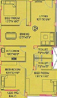 Floor plan of 3 BHK 1258 Sq. Ft. Apartment in GM Meena Pearl, Kolkata