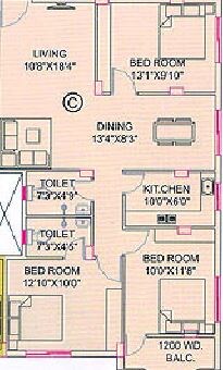 Floor plan of 3 BHK 1304 Sq. Ft. Apartment in GM Meena Pearl, Kolkata