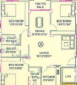 Floor plan of 3 BHK 1662 Sq. Ft. Apartment in GM Meena Pearl, Kolkata