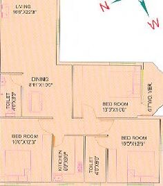 Floor plan of 3 BHK 1400 Sq. Ft. Apartment in GM Meena Residency, Kolkata