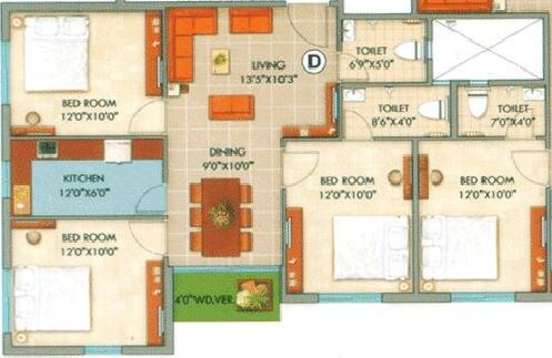 Floor plan of 3 BHK 1132 Sq. Ft. Apartment in GM Meena Sangam, Kolkata