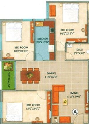 Floor plan of 3 BHK 1342 Sq. Ft. Apartment in GM Meena Sangam, Kolkata
