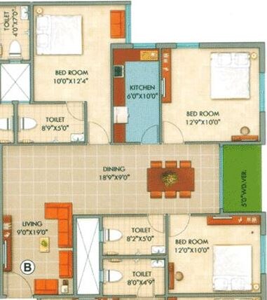 Floor plan of 3 BHK 1414 Sq. Ft. Apartment in GM Meena Sangam, Kolkata