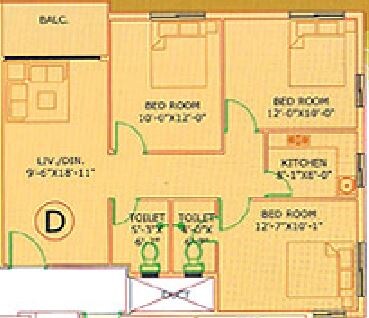 Floor plan of 3 BHK 1205 Sq. Ft. Apartment in GM Meena Siddhi, Kolkata