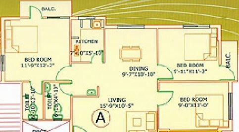 Floor plan of 3 BHK 1228 Sq. Ft. Apartment in GM Meena Siddhi, Kolkata