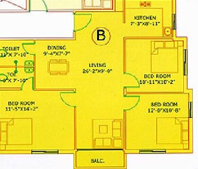 Floor plan of 3 BHK 1318 Sq. Ft. Apartment in GM Meena Siddhi, Kolkata