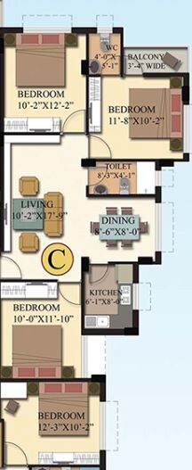 Floor plan of 3 BHK 1090 Sq. Ft. Apartment in GM Meena Sparsh, Kolkata
