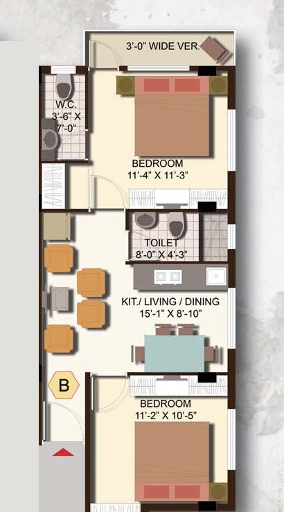 Floor plan of 2 BHK 805 Sq. Ft. Apartment in GM Meena Srishti, Kolkata