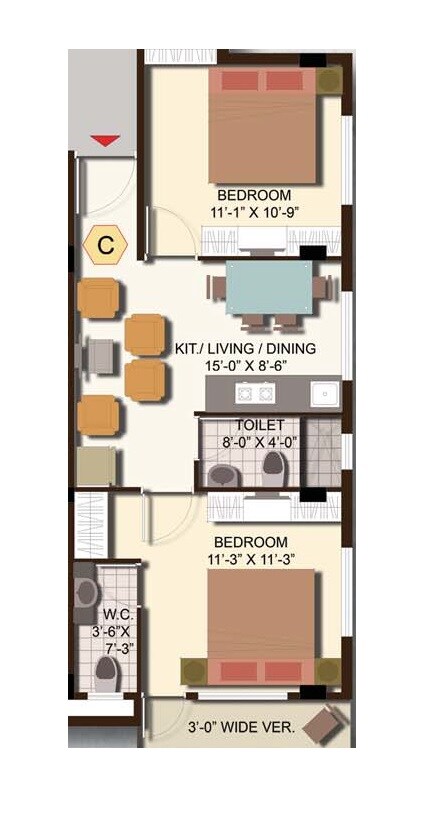 Floor plan of 2 BHK 810 Sq. Ft. Apartment in GM Meena Srishti, Kolkata