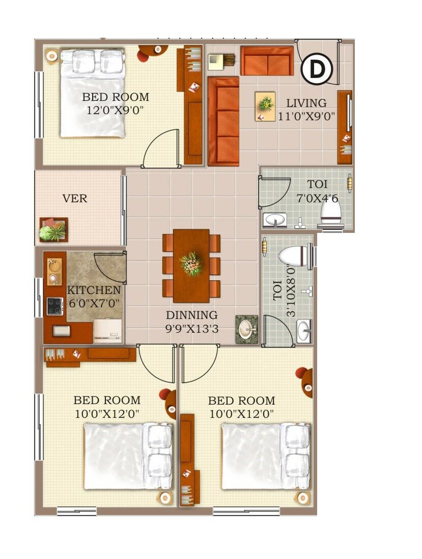 Floor plan of 3 BHK 1084 Sq. Ft. Apartment in GM Meena Sunrise, Kolkata