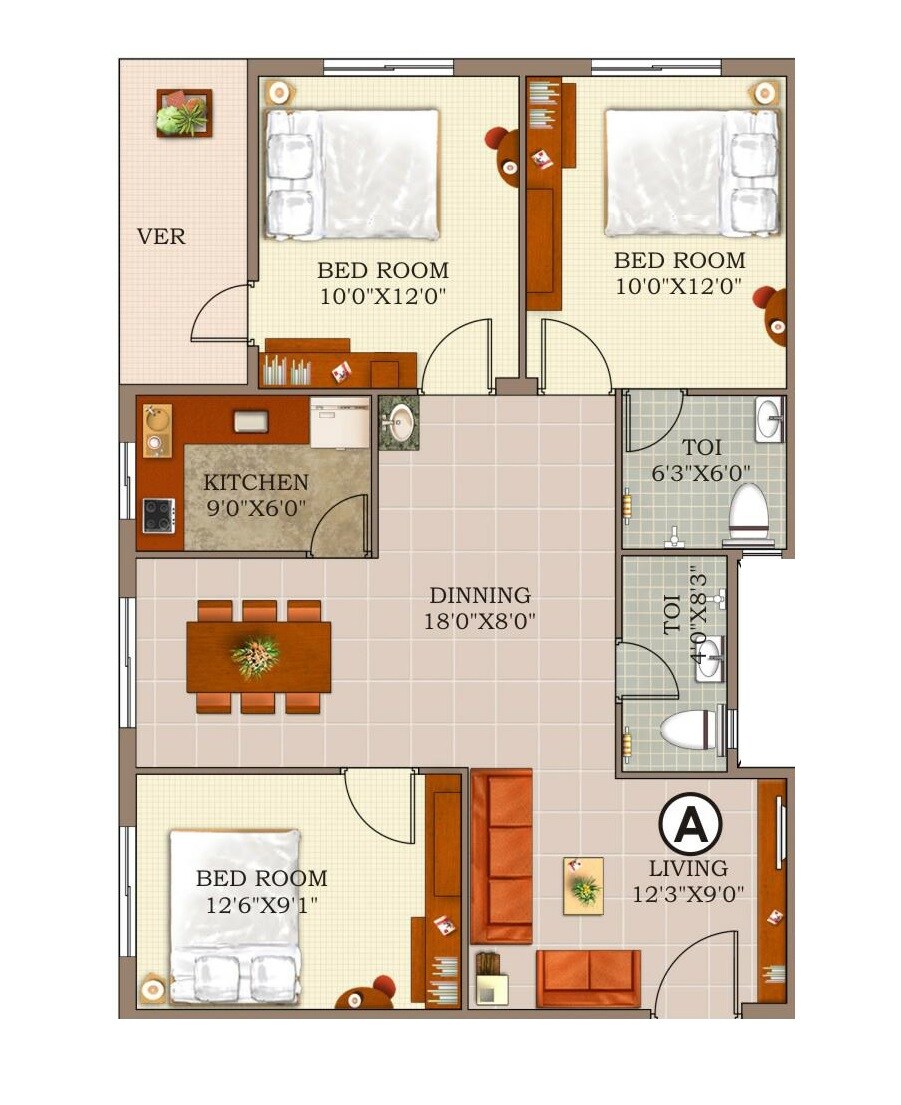 Floor plan of 3 BHK 1266 Sq. Ft. Apartment in GM Meena Sunrise, Kolkata