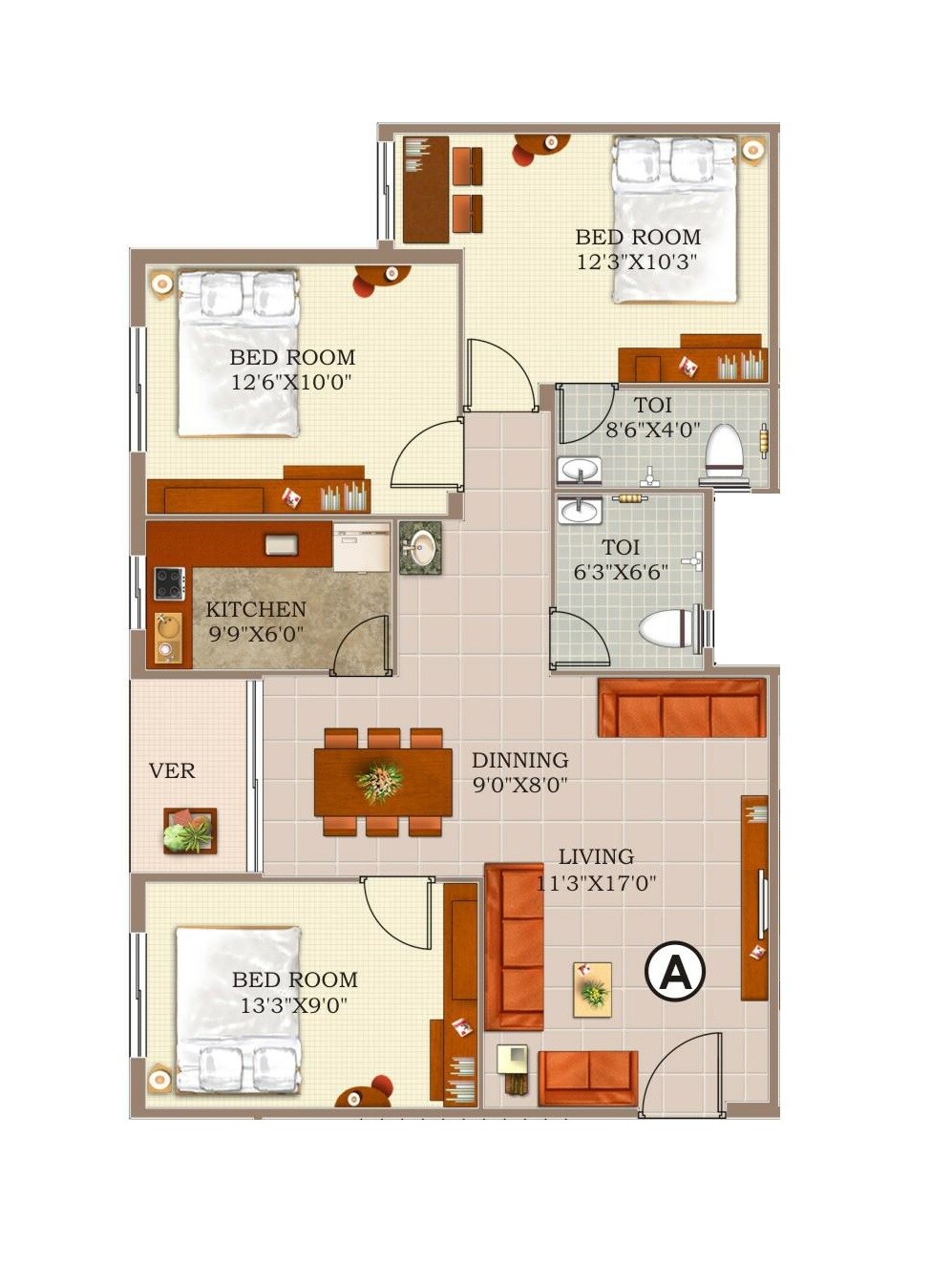 Floor plan of 3 BHK 1304 Sq. Ft. Apartment in GM Meena Sunrise, Kolkata