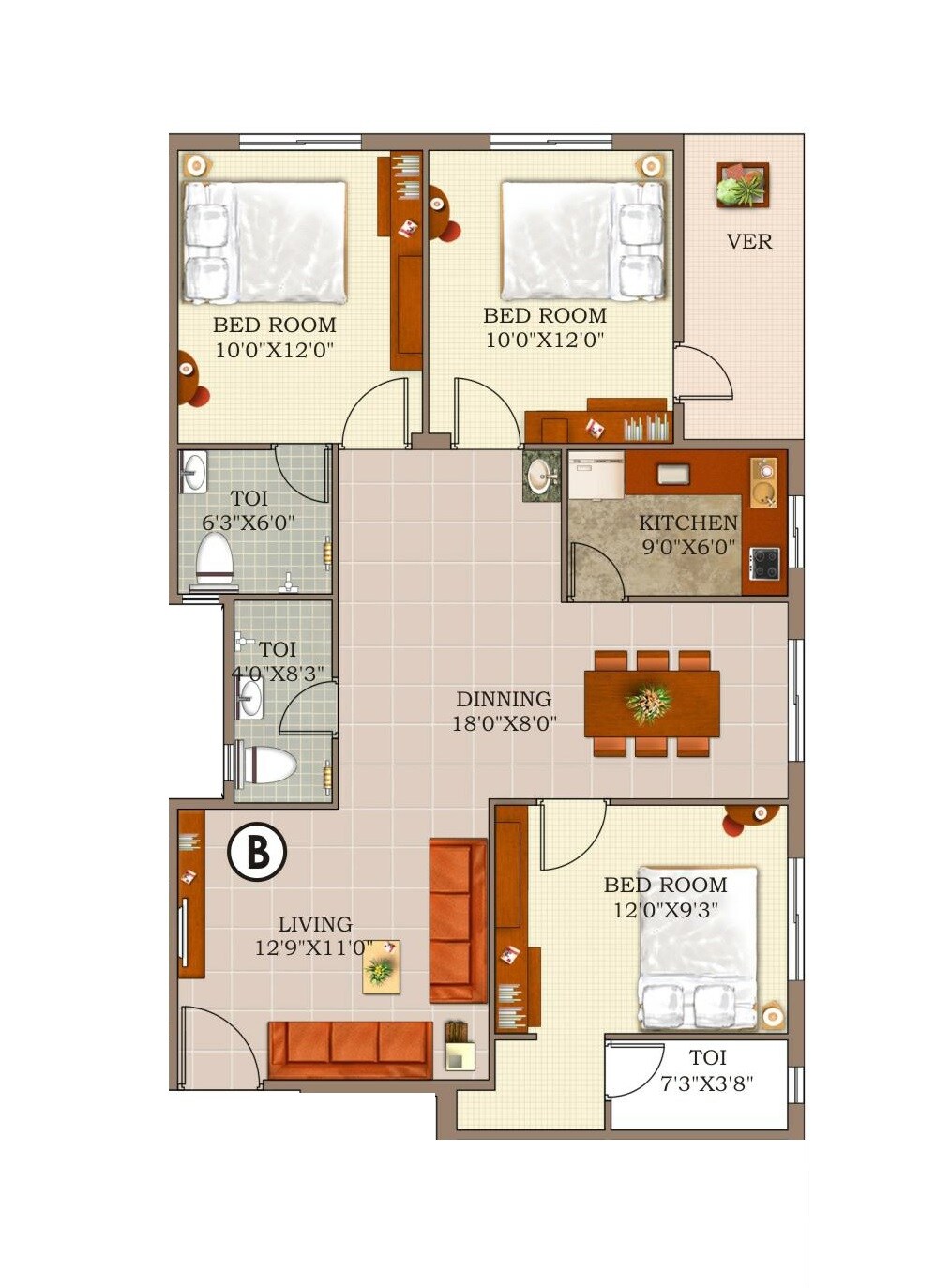 Floor plan of 3 BHK 1385 Sq. Ft. Apartment in GM Meena Sunrise, Kolkata