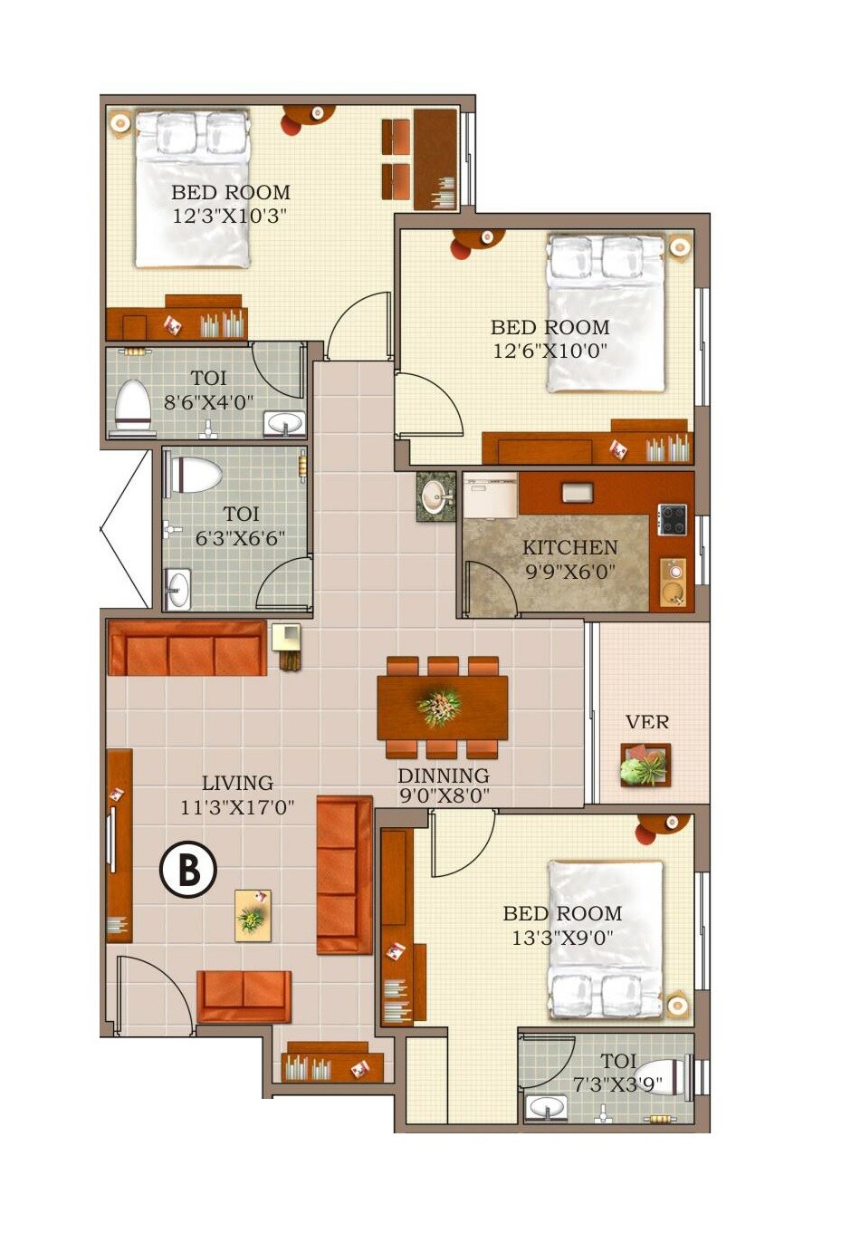 Floor plan of 3 BHK 1403 Sq. Ft. Apartment in GM Meena Sunrise, Kolkata