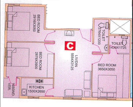Floor plan of 3 BHK 1009 Sq. Ft. Apartment in GM Meena View, Kolkata