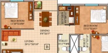 Floor plan of 2 BHK 1044 Sq. Ft. Apartment in GM Meena Wood, Kolkata
