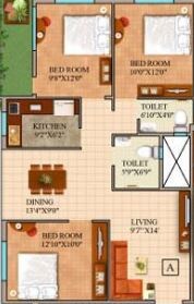 Floor plan of 3 BHK 1225 Sq. Ft. Apartment in GM Meena Wood, Kolkata