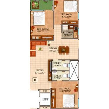 Floor plan of 3 BHK 1302 Sq. Ft. Apartment in GM Meena Wood, Kolkata
