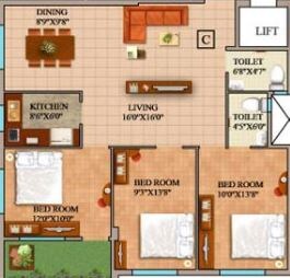 Floor plan of 3 BHK 1349 Sq. Ft. Apartment in GM Meena Wood, Kolkata