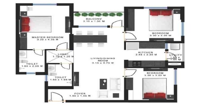 Floor plan of 3 BHK 1360 Sq. Ft. Apartment in Godrej Prakriti Phase 3, Kolkata