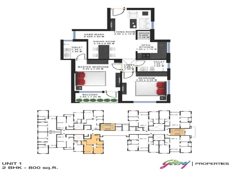 Floor plan of 2 BHK 800 Sq. Ft. Apartment in Godrej Prakriti Phase 4, Kolkata