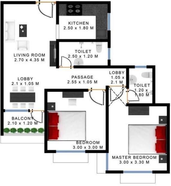 Floor plan of 2 BHK 929 Sq. Ft. Apartment in Godrej Prakriti Phase 5, Kolkata