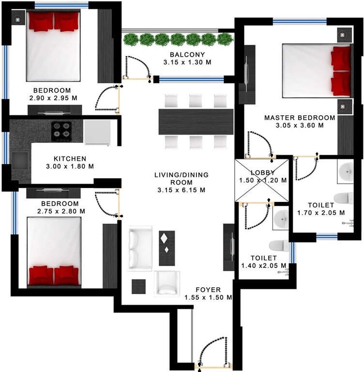 Floor plan of 3 BHK 1060 Sq. Ft. Apartment in Godrej Prakriti Phase 5, Kolkata