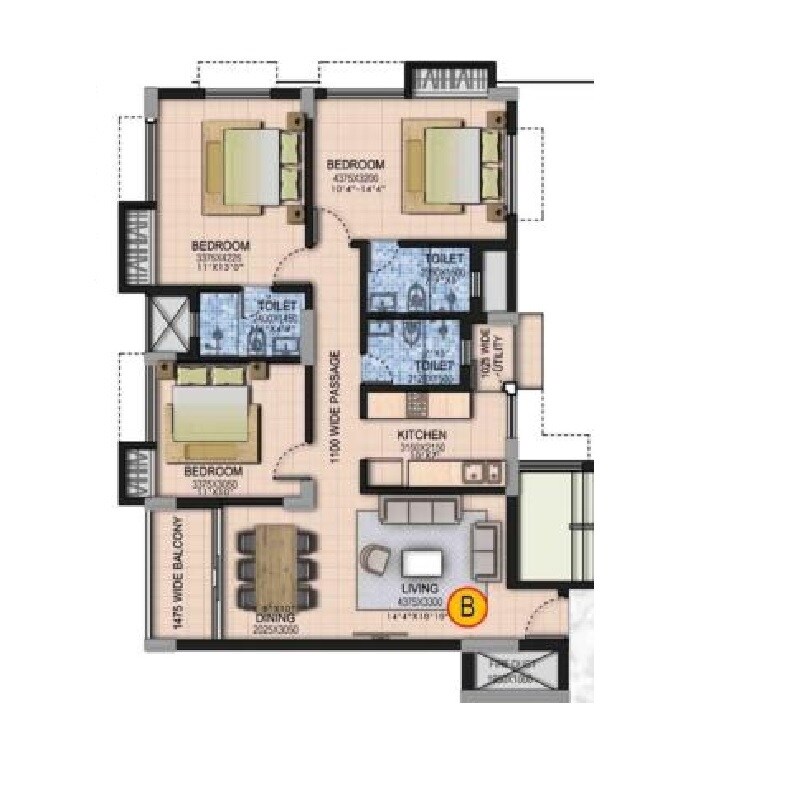 Floor plan of 3 BHK 1525 Sq. Ft. Apartment in Goel Ganga Residency, Kolkata