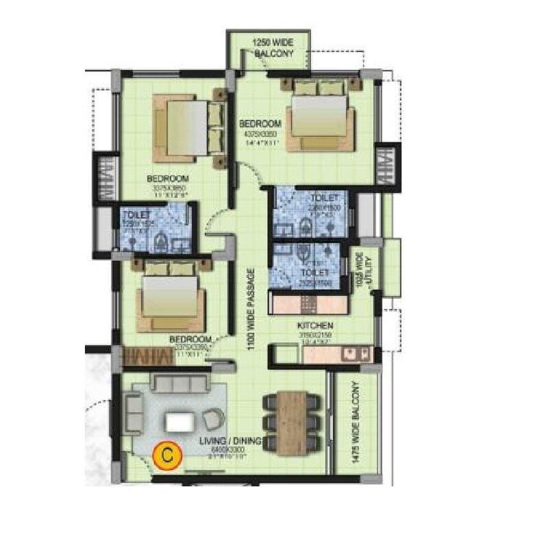 Floor plan of 3 BHK 1730 Sq. Ft. Apartment in Goel Ganga Residency, Kolkata