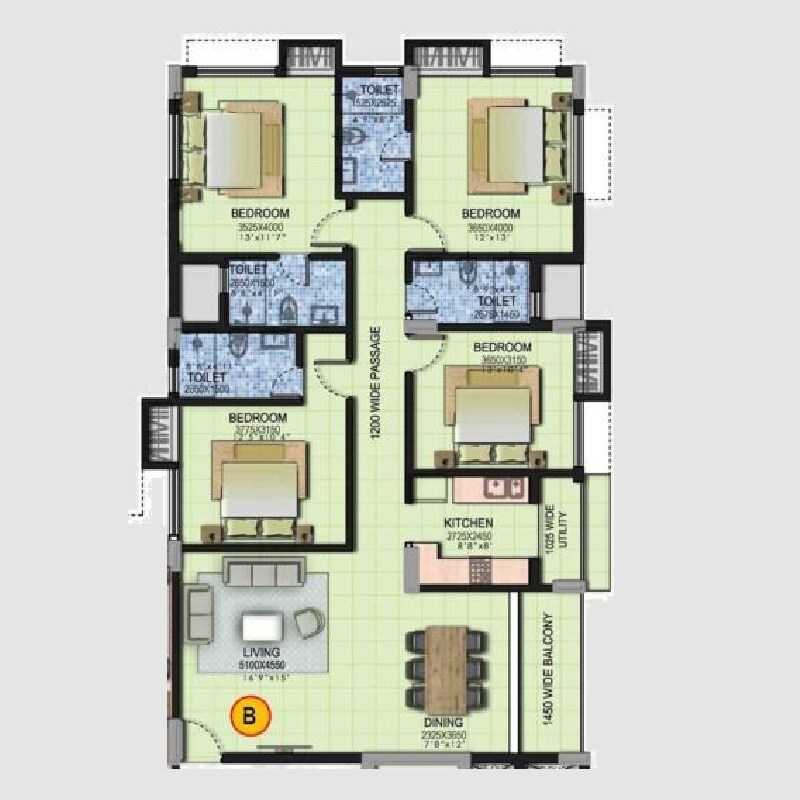Floor plan of 4 BHK 2075 Sq. Ft. Apartment in Goel Ganga Residency, Kolkata