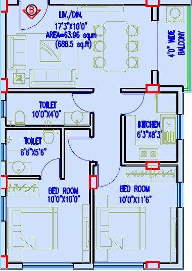 Floor plan of 2 BHK Apartment - 560 sq. ft. in Gurukul Grande, Kolkata