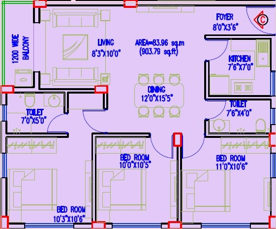 Floor plan of 3 BHK Apartment - 768 sq. ft. in Gurukul Grande, Kolkata